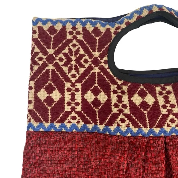 Boho Embroidered Tweed Hobo Hand Bag Pleated Burnt Red Orange Blue - Picture 4 of 6